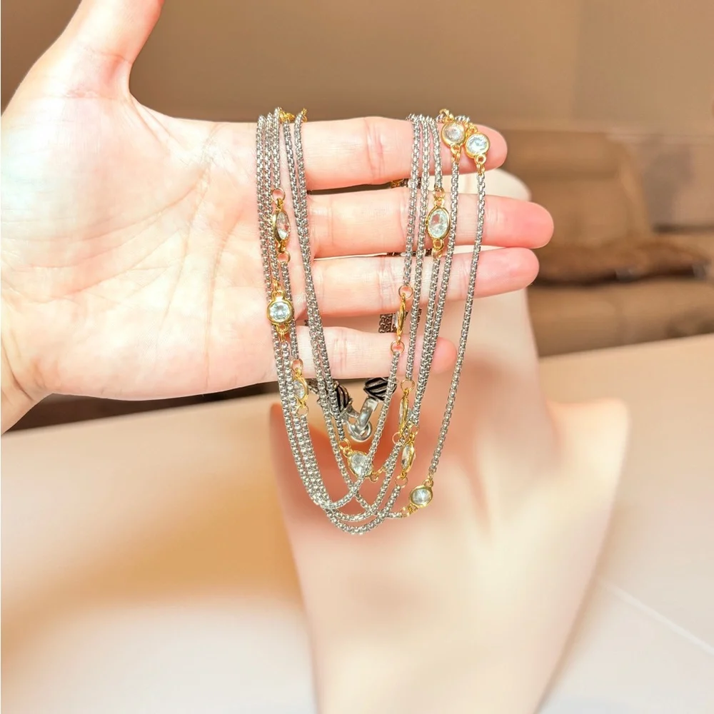 Multi-Strand Silver and Gold Crystal Necklace